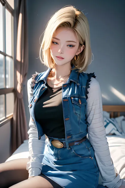 (best quality:1.3),(awesome amazing detailed:1.3), (Android 18 lying back down on bed:1.3),(large breasts:1.1),light smile,(half-closed eyes:0.9),(blush:1.5),(wearing Black t-shirt and mini denim blue skirt and pantyhose:1.1),bow legs, BREAK (infirmary bed...