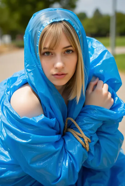 completely wrapped in blue plastic trash bags 、 a beautiful white blonde woman 、 tied tightly like a helpless human wrap tied wi...