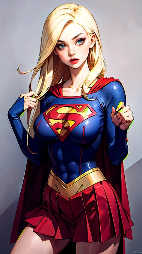 (masterpiece, best quality, sfw, by krys decker), 1girl, detailed eyes, long blonde hairs, freckles, supergirl (red pleated mini...