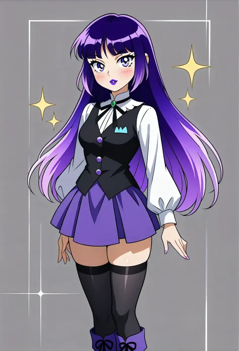 Zatanna from DC Super Hero Girls 2019, long purple hair, straight purple hair, sparkly purple hair, magical purple hair (Dark purple), Zatanna is a beautiful teenage girl with fair skin and a distinctive hourglass figure, thick light indigo hair that reach...