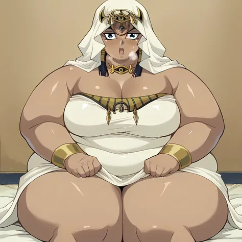 score_9, score_8_up, score_7_up, BREAK source_anime, BREAK II, 1girl, solo, looking at viewer,  eye of horus headpiece, eye of horus necklace, forehead jewel, head scarf,  fat, chubby, obese, gigantic arms and legs, large breasts, Ishizu Ishtar, detailed f...