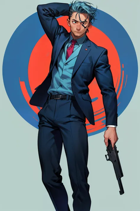 glowing line, 1boy, solo, vortex, hand down hold a glock 34 gun, (light  blue background), suit like john wick, black short hair, glowing, light skin,  fullbody,  boy, (round face: 1.5, bara:1.5), (flat anime:1.5, anime, flat color), 
