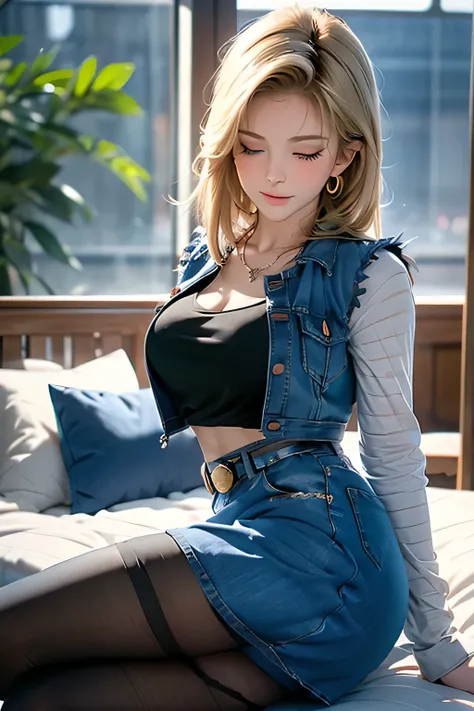 (best quality:1.3),(awesome amazing detailed:1.3), (Android 18 lying back down on bed:1.3),(large breasts:1.1),light smile,(half-closed eyes:0.9),(blush:1.5),(wearing Black t-shirt and mini denim blue skirt and pantyhose:1.1),bow legs, BREAK (infirmary bed...