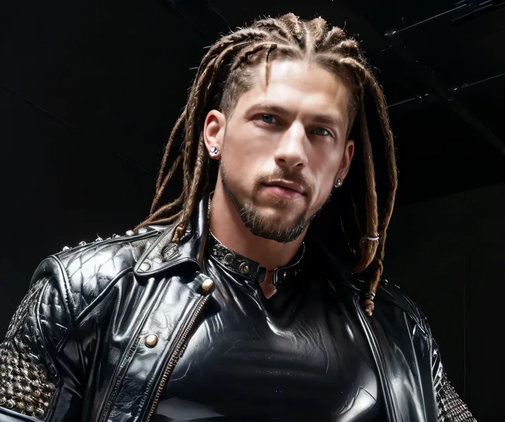 Roman Todd, man with dread locks, goatee, diamond earrings, huge muscles, huge breasts, latex, highly detailed, photorealistic, 8K, HDR,