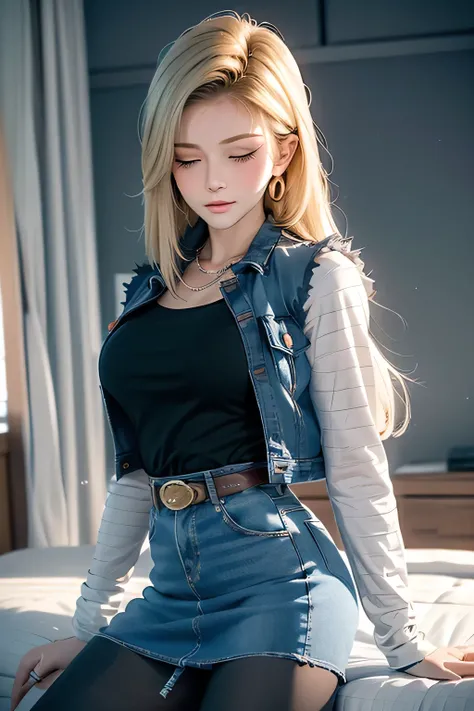 (best quality:1.3),(awesome amazing detailed:1.3), (Android 18 lying back down on bed:1.3),(large breasts:1.1),light smile,(half-closed eyes:0.9),(blush:1.5),(wearing Black t-shirt and mini denim blue skirt and pantyhose:1.1),bow legs, BREAK (infirmary bed...