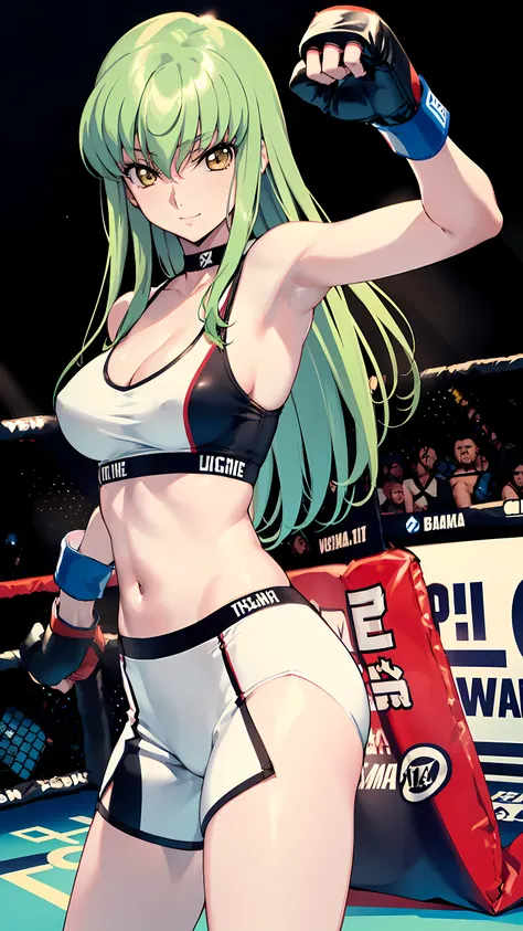 CC_Code Geass, Hair between the eyes, Very long hair, gold eyes, 1 person, Bright light, (masterpiece, Highest quality), 8k, Intricate details, (on MMA Arena :1.5), (wearing sports bra:1.5, wearing tight fit spats:1.5, white costume, wearing fingerless glo...