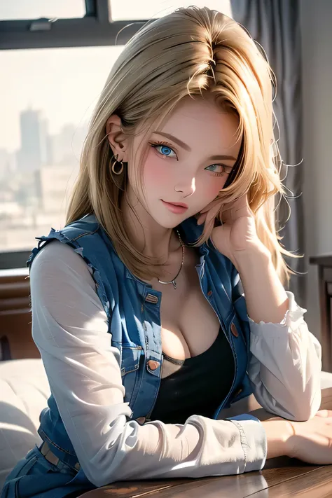 (best quality:1.3),(awesome amazing detailed:1.3), (Android 18 lying back down on bed:1.3),(large breasts:1.1),light smile,(half-closed eyes:0.9),(blush:1.5),(wearing Black t-shirt and mini denim blue skirt and pantyhose:1.1),bow legs, BREAK (infirmary bed...