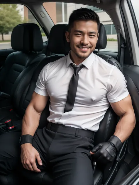 40 years old, One Man,、   white shirt ､Black tie､ black slim pants  、   black gloves、  black boots、Combatant、You are carrying a handgun on your lower back 、Inside the car､sitting with legs open  。  short hair 、更に  short hair 、     undercut  、Stubble　Muscul...