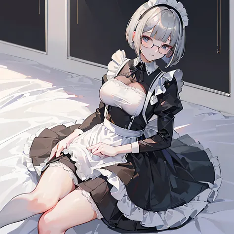 (masterpiece), (    best quality), (Super detailed),    1 slender woman 、、(((Big Breasts、Maid、黒いMaid服、  white apron dress 、 black stockings 、   miniskirt that snaps around the knee、 silver hair、  bob cut from the front、Even bangs、   Full of bangs 、Glasses)...