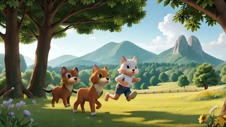 Create a video that shows many ren running playfully under the morning sun. They run through the bright green meadow, some are captivating, some are spinning with joy. The morning sun shines through the trees, creating a warm and bright atmosphere. The sky...