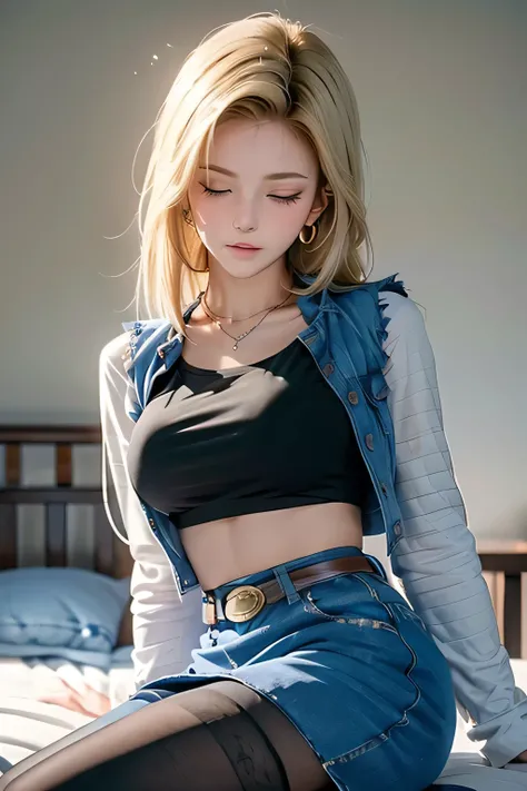 (best quality:1.3),(awesome amazing detailed:1.3), (Android 18 lying back down on bed:1.3),(large breasts:1.1),light smile,(half-closed eyes:0.9),(blush:1.5),(wearing Black t-shirt and mini denim blue skirt and pantyhose:1.1),bow legs, BREAK (infirmary bed...