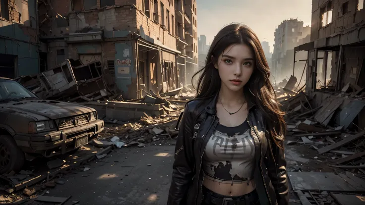 masterpiece, high resolution,8K,(Portrait Photos:1.5),(R Original Photo),Reality,Digital Photography,(Apocalyptic ruins ),City ruins，beautiful 20 year old woman，sentry， post-apocalyptic scene，Close-range photography， broken clothes