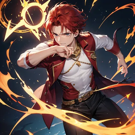 Male, 21 years old, 190cm tall, handsome, disheveled red hair. The appearance of the son of (Scarlet Witch) and (Sentry) is a manifestation of the fusion of his parents. His physique reflects both his heritage and his presence has an air of latent power, b...