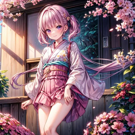 1girl, solo, full body, beautiful illustration, happy smile, cute girl, pastel color, petite body, medium breasts, light purple hair, BREAK, short hair, low twintail hair, blunt bangs, wearing pink kimono with long hanging sleeves worn, expose, blossom che...