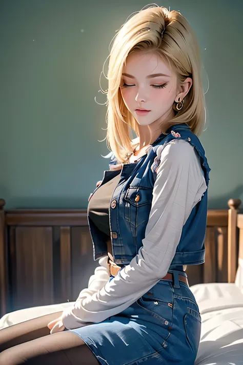 (best quality:1.3),(awesome amazing detailed:1.3), (Android 18 lying back down on bed:1.3),(large breasts:1.1),light smile,(half-closed eyes:0.9),(blush:1.5),(wearing Black t-shirt and mini denim blue skirt and pantyhose:1.1),bow legs, BREAK (infirmary bed...