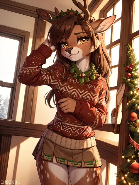 1 deer girl ,  deer horns , high definition brown fur add _detail:1,  detailed eyes in brown add high definition_Detail: 1 tribal tattoo add _Detail:1, Posing Christmas sweater,Under a mistletoe , blowing a kiss,  Christmas miniskirt .