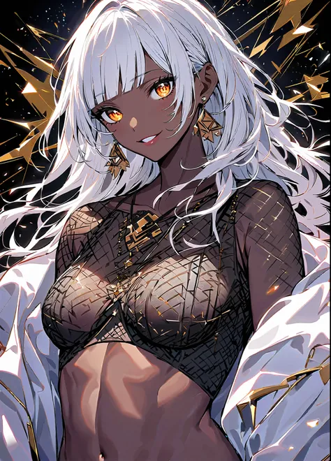 1girl, solo, jewelry, breasts, navel, long hair, looking at viewer, white hair, smile, blunt bangs, dark skin, earrings, parted lips, collarbone, dark-skinned female, upper body, symbol-shaped pupils, open kimono,
score_9, score_8_up, score_7_up, very aest...