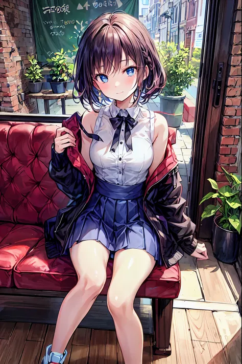 The body is eight times longer than the head, (  High Definition CG Unity 8K ), (  best quality)，(  very detailed)，(masterpiece,   best quality:1.2), 18 years old,   Very Beautiful Girl, Alone, Coffee shop with a happy expression looking at the camera  , A...