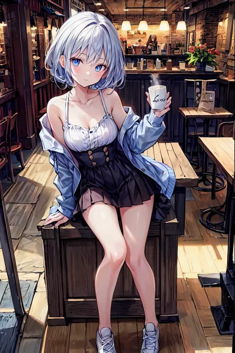 The body is eight times longer than the head, (  High Definition CG Unity 8K ), (  best quality)，(  very detailed)，(masterpiece,   best quality:1.2), 18 years old,   Very Beautiful Girl, Alone, Coffee shop with a happy expression looking at the camera  , A...