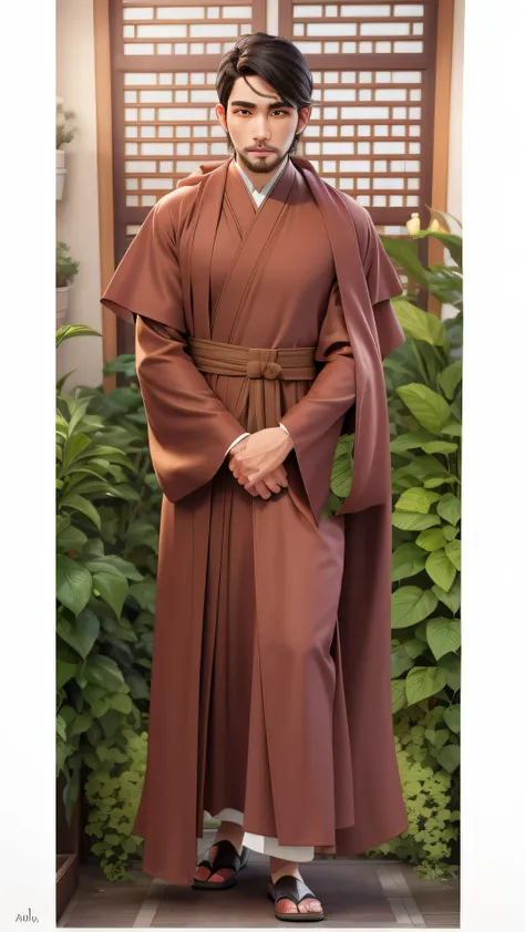 a close up of a person wearing a robe and shoes, wearing brown robes, brown robes, monk clothes, monks robe, nun fashion model, religious robes, wearing flowing robes, flowing robe, flowing robes, dressed thobe, wearing simple robes, full body picture of a...