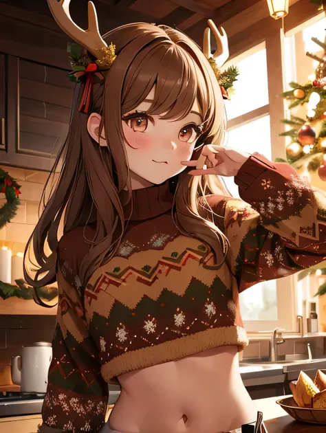 1 deer girl ,  deer horns , high definition brown fur add _detail:1,  detailed eyes in brown color add high definition_Detail: 1 tribal tattoo add _Detail:1, Posing Christmas sweater,Under a mistletoe , blowing a kiss,  Christmas miniskirt .