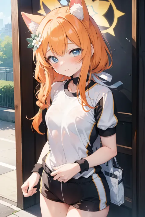 Marie Iraki 、 Cool girl (,  perfect face), independent ,  looking at camera, masterpiece,  anime art style,  in plain clothes,  most detailed,  High Quality 、Smiling face、Cat ears、 orange hair 、、 small breasts、Gym clothes、Running、 is sweating、White gym clo...