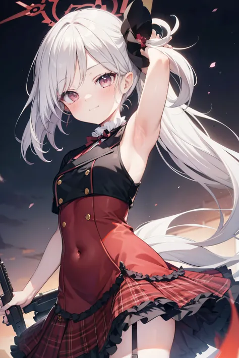 Asahi Mutsuki、 Cool girl (,  perfect face), independent ,  looking at camera, masterpiece,  anime art style,  in plain clothes,  most detailed,  High Quality 、Smiling face、 armpits、  silver hair、 Side Ponytail 、 small breasts、、 Combat Uniforms、gunを持っている、gu...