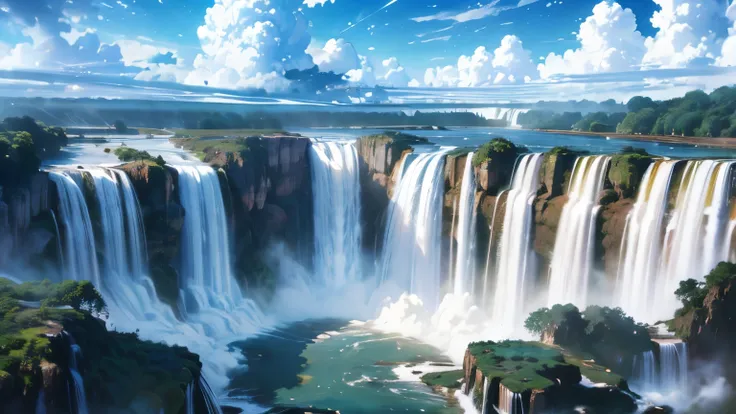 ( best quality, masterpiece,  high definition )、 8K Anime Art 、 the sky and white clouds are amazing，rainbow、Majestic panorama 、Cinematic Light、Soft light、 ray tracing 、(Iguazu Falls)、 wallpaper、