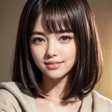 ((( face close-up )))、(((brown, Up to the shoulders, Straight Short Bob)))、((( poses like a model in a beauty salon。.)))、(((Casual black long sleeve winter clothing)))、Half Japanese and half Korean、18-year-old girl、independent、Expectations、light eye makeup...