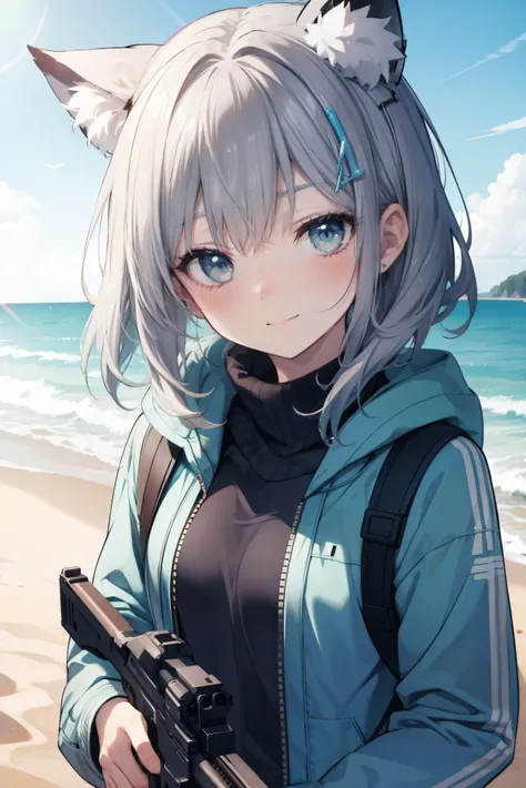 Sand Wolf Shiroko、 Cool girl (,  perfect face), independent ,  looking at camera, masterpiece,  anime art style,  in plain clothes,  most detailed,  High Quality 、Smiling face、Holding a white gun