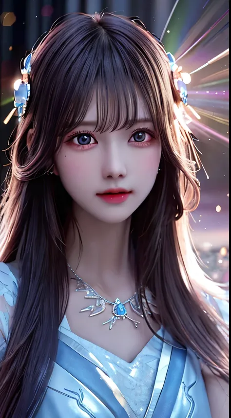 Best Quality, Masterpiece, High Resolution,The Tyndall effect,light rays,pink light particles,blue pupils, (surrounded by elements),glowing items:1.3,hazy, low-key: 1.1,Will-O-Wisp, 1 Girl, Porcelain Dress, Hair Accessories, Necklace, Jewelry, Beautiful Fa...