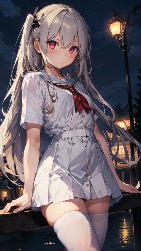 1girl, beautiful detailed eyes, long white hair, light red eyes, school uniform, high white stocking, lustrous skin, city, night, high contrast, ((masterpiece, best quality))