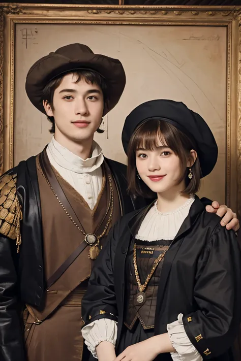 323 (A 20-year-old woman and a 20-year-old man), (  super real ), (High image quality), (  shorthair ), (smile), ((  Gorgeous Costume )), ((Rembrandt painting))