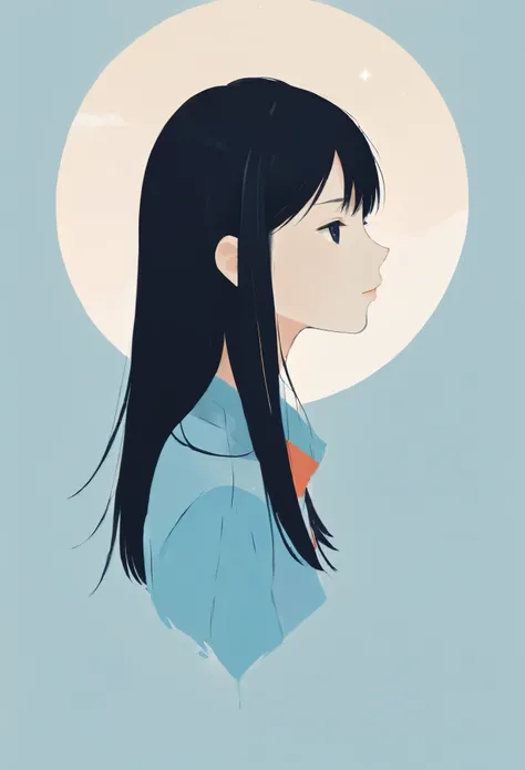 Minimalist illustration , woman、 black hair、 straight long hair 、Patsun、profile