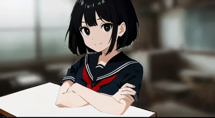 black hair, a bob cut, a black sailor suit, black eyes, and crossed arms