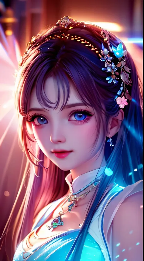 Best Quality, Masterpiece, High Resolution,The Tyndall effect,light rays,pink light particles,blue pupils, (surrounded by elements),glowing items:1.3,hazy, low-key: 1.1,Will-O-Wisp, 1 Girl, Porcelain Dress, Hair Accessories, Necklace, Jewelry, Beautiful Fa...