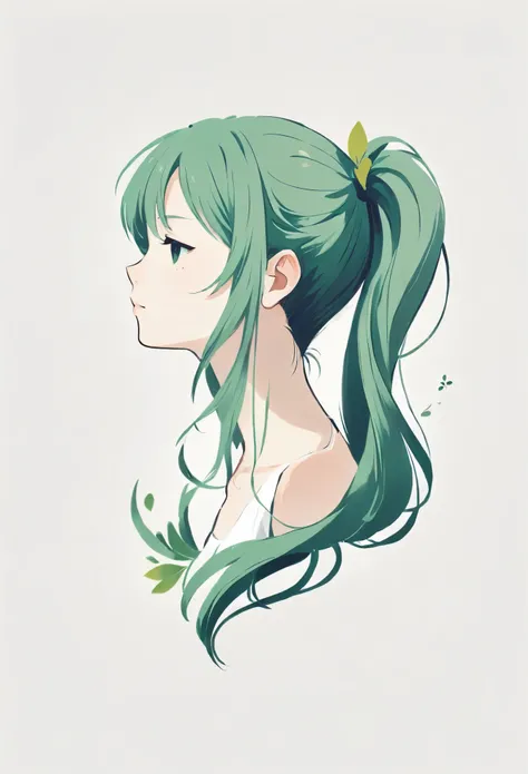 Minimalist illustration , woman、Green Hair、 twin tails、profile