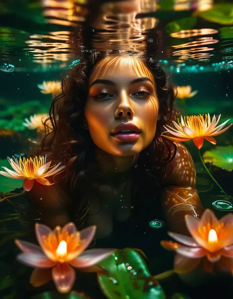 Highly detailed cinematographic photo, unrealistic fantasy night atmosphere, Beautiful dark-skinned woman with thick wavy hair, at night half lying in the luminous clear transparent water of a fantastic stream, tiny self-luminous micro-jellyfish floating u...