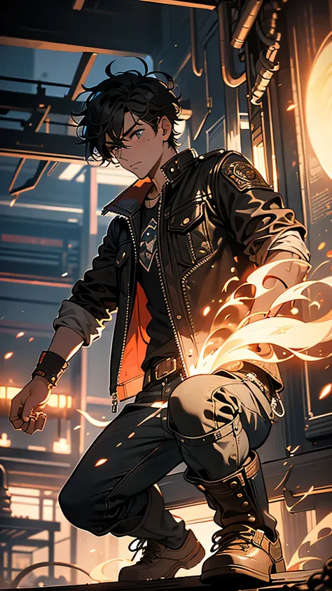 “A young, determined engineer from the working class in a steampunk world. He wears a worn-out leather jacket and work boots, with grease stains on his hands and clothes. His brown hair is slightly messy, and his face shows both resilience and fatigue from...