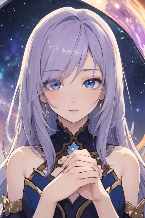 beautiful, older anime women, long light purple hair, stars in hair, galaxy dress, ((best quality)), ((masterpiece)), (detailed)...