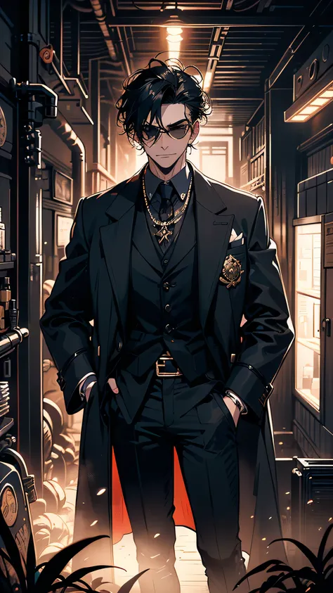 “A shadowy figure and spy, blending into the steampunk environment. He wears a long, dark trench coat with brass buttons, a high-collared shirt, and a pair of round, tinted goggles perched on his head. His black hair is slicked back, and he has a subtle sm...