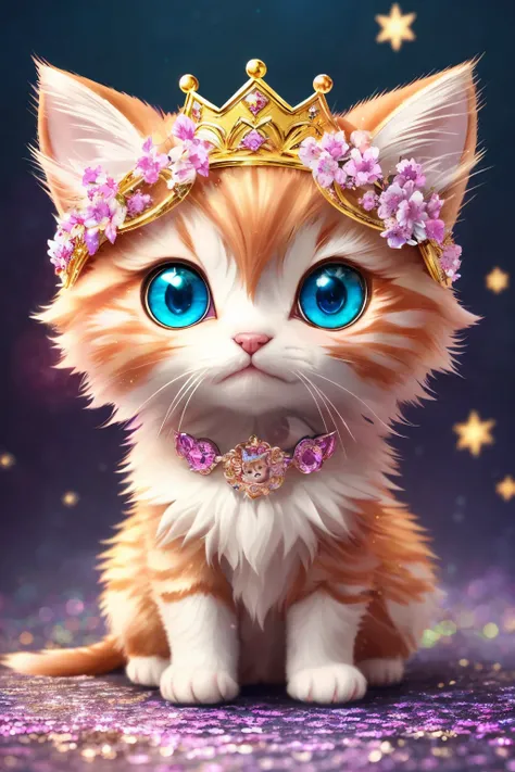 side view, oversaturate, colorfully, Fairytale, dreamlike, Cinematic character render, oil painting, 3D, 8k resolution, sequins, glitter, sakura forest, moonlight, Close up Portrait adorable chibi kawaii anthropomorphic kitten king, Detailed eyes, large ro...