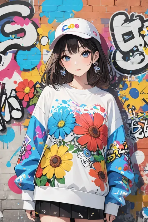 Ultra-realistic 藤ちょこ style, Simple line acronym abstract art, Cute design, Street fashion, colorful flowers , Cute amoeba, The background is a stylish graffiti