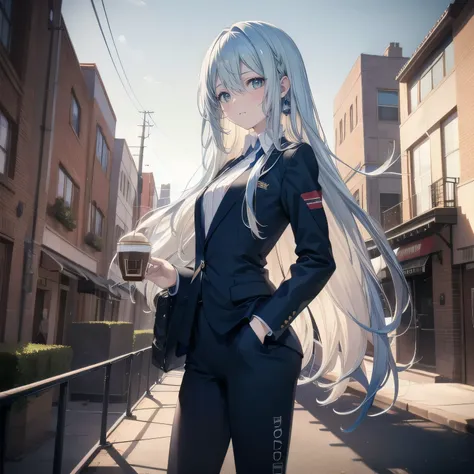 (masterpiece), (best quality), ultra detailed, finely detailed color, cenematic painting, bishoujo, ((one lady)), teenager, cute face, white hair, absurdly long hair, straight hair, ((deep blue eyes:1.5)), (holding coffee:1.4), ((business suit:1.5)), black...