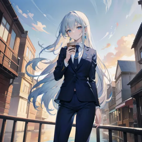 (masterpiece), (best quality), ultra detailed, finely detailed color, cenematic painting, bishoujo, ((one lady)), teenager, cute face, white hair, absurdly long hair, straight hair, ((deep blue eyes:1.5)), (holding coffee:1.4), ((business suit:1.5)), black...