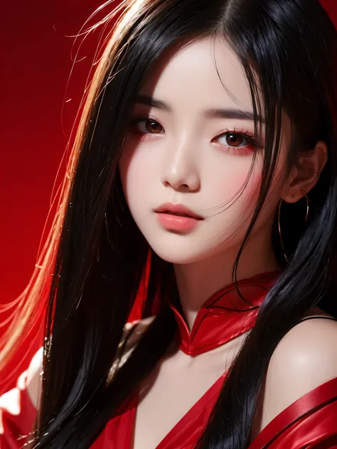  best quality　masterpiece　 Details　close-up of a super beautiful woman　 Spotlight　 black hair　red background 　Photo style　Artistic　 imaginary　 Fantasy 