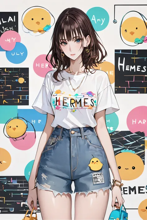 Ultra-realistic Hermes style, Simple line acronym abstract art, kawaii design,  stylish fashion, Cute chick