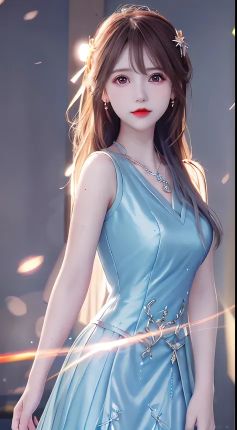 Best Quality, Masterpiece, High Resolution,The Tyndall effect,light rays,pink light particles,blue pupils, (surrounded by elements),glowing items:1.3,hazy, low-key: 1.1,Will-O-Wisp, 1 Girl, Porcelain Dress, Hair Accessories, Necklace, Jewelry, Beautiful Fa...