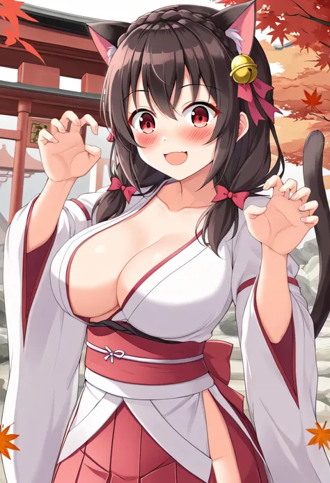 yunyun、masterpiece, best quality,  high definition ,one person, Yunyun、 Former name yunyun,  crown blade the same color as my hair,  black hair、Red eyes、 hair accessory with a bell ,  hair bow, ( white and pink shrine maiden costume 、Hakama is a red )、She ...