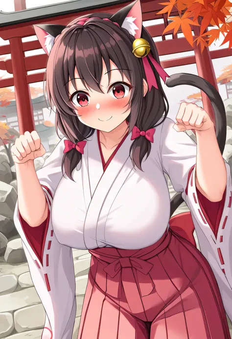 yunyun、masterpiece, best quality,  high definition ,one person, Yunyun、 Former name yunyun,  crown blade the same color as my hair,  black hair、Red eyes、 hair accessory with a bell ,  hair bow, ( white and pink shrine maiden costume 、Hakama is a red )、She ...